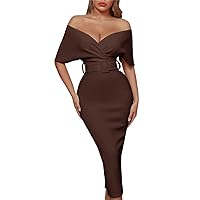 Women's Dress Surplice Neck Off Shoulder Backless Front Buckle Belted Cocktail Party Dress Dresses for Women (Color : Chocolate Brown, Size : Small)