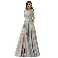 Women's Satin Applique Off The Shoulder Evening Dresses Beading Floor Length Slit Prom Dress