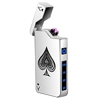 Electric Lighters Rechargeable USB Lighter, Dual Arc Plasma Lighter, Windproof Flameless Electronic Lighter, Pocket Metal Lighter with LED Battery Indication for Candles, Camping (Silver Ace)