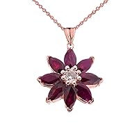 GENUINE RUBY AND DIAMOND DAISY PENDANT NECKLACE IN ROSE GOLD - Gold Purity:: 10K, Pendant/Necklace Option: Pendant With 18