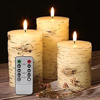 Birch Bark Flameless Pillar Candles with Remote, Flickering Rustic Battery LED Wood Candles Set of 3
