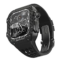 Luxury Carbon Fiber Modification Kit for iWatch 6 5 4 44MM Alloy Steel Metal Case Rubber Strap Set for Apple Watch Series 7 45mm (Color : Black, Size : 44mm for 6/5/4/SE)