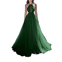 Halter Neck Prom Dresses Sequined Tulle Formal Princess Dress Pleated Cutout Evening Long Ball Gowns for Women A Line DR0449