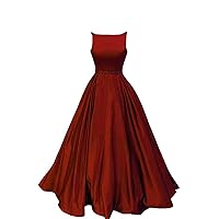 Women's Scoop Neckline Satin Backless Evening Dress Sleeveless Beaded Long Prom Dress Red