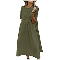 Women's Plus Size Cotton Linen Dress Summer Crewneck Button Up Short Sleeve Midi Dresses Solid Loose Beach Sundress
