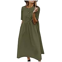 Plus Size Women Cotton Linen Casual Loose A-Line Dress Short Sleeve Round Neck Summer Plain Swing T-Shirt Dress