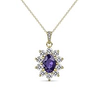 Oval Iolite & Natural Diamond Floral Halo Pendant 1.42 ctw 14K Yellow Gold. Included 18 inches Gold Chain.