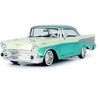 1957 Chevy Bel Air Lowrider Turquoise Metallic and White Get Low Series 1/24 Diecast Model Car by Motormax 79029
