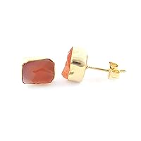 Guntaas Gems Raw Carnelian Stud Earring Rough Gemstone With Brass Gold Plated Collet Setting Push Back Earrings Mother's Day Gift
