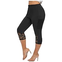Capri Leggings for Women Plus Size Lace Trim Leggings Tummy Control Jeggings High Waist Stretchy Jeans Skinny Capris Pants