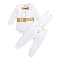 Baptism Outfits for Boys Baby Boy Gentleman Suit Christening Outfit All White Dress Shirt Romper Bowtie Bodysuit Newborn Suspenders Long Pants Wedding Tuxedo Formal Ring Bearer Suits 18-24 Months