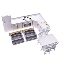 iLAND Wooden Dollhouse Furniture on 1:12 Scale for Miniature Dollhouse Kitchen w/Unit Cabinets, Dollhouse Fridge and Dollhouse Dining Room Furniture (Classic White 12pcs)