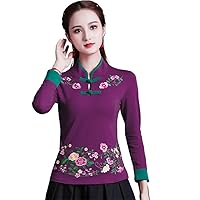 Cheongsam Women' Plus Size Autumn Cotton Splicing Stand Collar Chinese Qipao Shirts Woman