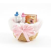 Melody Jane Dolls Houses Dollhouse Baby Products in Wicker Basket Pink Miniature 1:12 Nursery Accessory