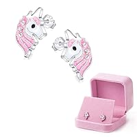 Cute Unicorn Stud Earrings Light Pink Sparkling for Little Girls Kids Jewelry Birthday Party Christmas Gifts with Velvet gift Box