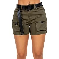 TwiinSisters Women's Paperbag Waist Front Button Closure Cuffed Shorts with Pockets