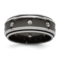 Edward Mirell Black Titanium and Titanium Polished White Sapphire With 925 Sterling Silver Beveled Edge Bezels 9mm Band Size 8 Jewelry Gifts for Women