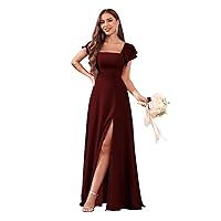 Women's Long Chiffon Bridesmaid Dresses for Wedding Ruffle Sleeve A Line Evening Formal Party Dress with Slit M029