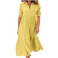 Women Lapel Button Short Ruched Sleeve Midi Dresses Summer Cotton Linen Casual Trendy Pleated Tiered A-Line Dress