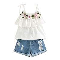 Baby Toddler Girls Summer Shorts Sets for 2-7 Years Old Kids Embroidery T-Shirt and Denim Shorts Outfits Clothes