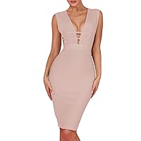 UONBOX Women's Sleeveless Deep Plunge V Neck Night Club Party Bandage Dress with Waist Straps