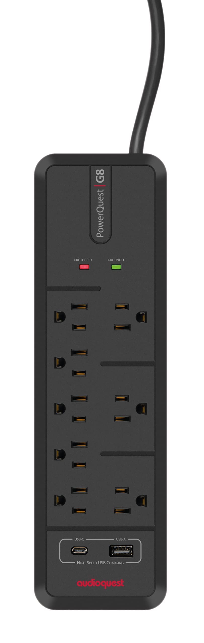 AudioQuest PowerQuest G8 – 8-Outlet Surge Protector with USB-A and USB-C Charging Ports - Perfect for TV, AV Receiver, Xbox, Playstation, Soundbar, Computer, and Home Office