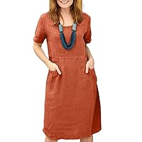 Summer Midi Dress for Women 2024 Casual Comfy Cotton Linen Crew Neck Short Sleeve Tunic Beach Dresses with Pockets