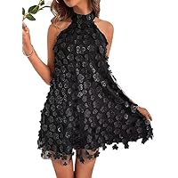 Women's Dress Floral Appliques Mesh Overlay Halter Dress Summer Dresses for Women (Color : Black, Size : X-Large)