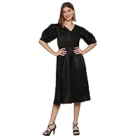Indian Women Satin Silk Dress Gown Frock Tunic Party Wedding Wear Puff Sleeves fit & Flared midi Dress