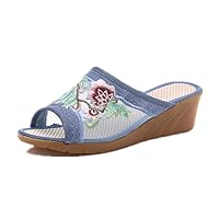 Women and Lades' Embroidery Flats Sandals Slippers Blue
