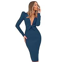 Women's V Neck Long Sleeves Evening Dresses Mermaid Satin Prom Gowns Cowboy Blue