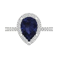 Clara Pucci 2.45ct Pear Cut Solitaire Halo Genuine Simulated Blue Sapphire Engagement Promise Anniversary Bridal Ring 18K White Gold