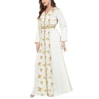 Muslim Women Floral Embroidery Lace Insert Belted Dress V-Neck Beading Islamic Dresses Abaya