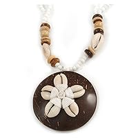 Avalaya Brown/Cream Coconut Shell Round Pendant with White Glass Bead Chain Necklace - 41cm L