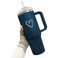 40 oz Tumbler with Handle and Straw,Cute Heart Pattern Design Stainless Steel Cup,Insulated Water Bottle,Double Wall Travel Mug Iced Coffee Cup for Hot and Cold Beverages (Blue)