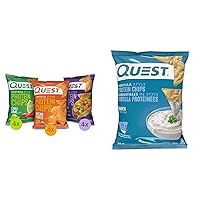 Quest Nutrition Tortilla Style Protein Chips Variety Pack, Chili Lime, Nacho Cheese, Loaded Taco, 1.1 Ounce (12 Pack) and Quest Nutrition Protein Tortilla Chips, Ranch, 19g Protein, Single Sample
