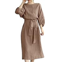Sundresses for Women 2024 Short, Women's Long High Waist Tied Solid Color Round Neck Dress Shirt Midi Dresses