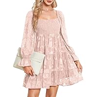 Dokotoo Scoop Neck Dresses for Women 2023 Floral Textured Shirred Long Sleeve Elastic Waist Casual Mini Dress