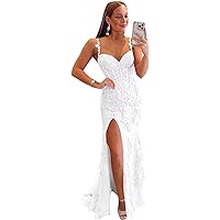 Spaghetti Strap Lace Appliques Mermaid Prom Dresses for Women Formal Tulle Evening Party Gown with Split