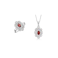 Matching Set Sterling Silver Floral Pattern Halo Pendant Necklace & Ring. Gemstone & Diamonds, 18