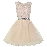 Women's Sleeveless Tulle Applique Beading Cocktail Dress Backless Homecoming Dresses