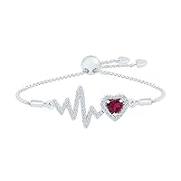 DGOLD 925 Sterling Silver White Round Sapphire & Heart Red Ruby Heart Adjustable Bolo Bracelet