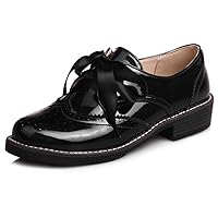 Womens Retro Wingtip Oxfords Shoes Perforated Lace-up Flat Low Heel Classic Dress Oxford Brogue Black
