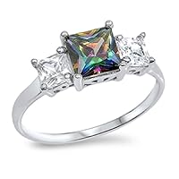 Princess Cut Cubic Zirconia Three Stones Ring Sterling Silver (Comes in Colors)