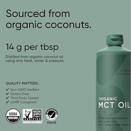 Sports Research Organic MCT Oil - Keto & Vegan MCTs C8, C10 from Coconuts - Fatty Acid Brain & Body Fuel, Non-GMO & Gluten Free - Flavorless Oil, Perfect in Coffee, Tea & Protein Shakes - 32 oz