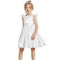 MCieloLuna 2024 Summer Short Flower Girl Dresses for Wedding Birthday Gowns V-Back Pearls First Communion Dress with Bowknot