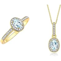 Rylos Women's Yellow Gold Plated Silver Floral Halo Set: Pendant Necklace & Matching Ring. Gemstone & Genuine Diamonds, 18