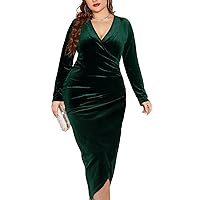 TINSTREE Womens Plus Size Long Sleeve Velvet Bodycon Dresses Sexy Ruched Wrap Deep V Neck Party Cocktail Dress