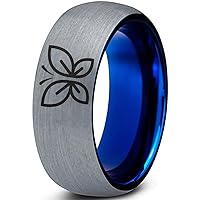 Butterfly Flying Insect Flower Ring - Tungsten Band 8mm - Men - Women - 18k Rose Gold Step Bevel Edge - Yellow - Grey - Blue - Black - Brushed - Polished - Wedding - Gift Dome Flat Cut