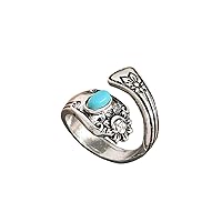 Bohemian Vintage Turquoise Oval Flower Rings Geometric Ethnic Natural Stone Adjustable Silver Joint Knuckle Rings Western Cowgirl Statement Jewelry